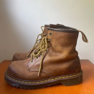 Gently worn brown doc Martin books with yellow and brown laces